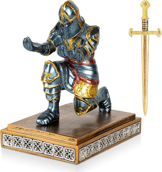 Medieval Knight Pen Holder with Sword, Kneeling King's Guard Warrior Pencil Stand Office Accessories Cool Fancy Desk Decor Gift for Men Father Husband Grandfather Boyfriend Boss Him