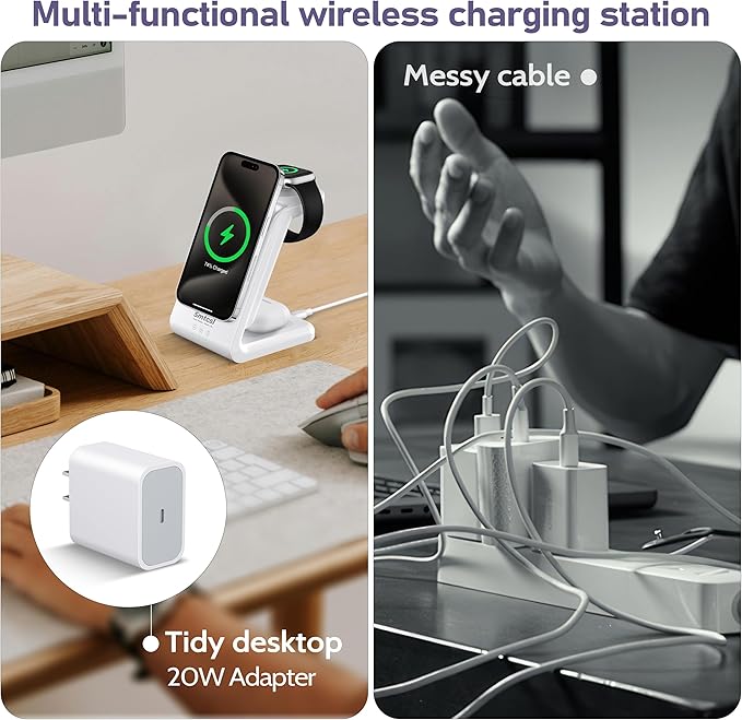 3 in 1 Wireless Charging Station: 10000mAh Removable Power Bank Charger Stand for Phone/Watch/Air Pods - Portable Magnetic Battery Pack for Air 17 16 15 14 13 12 Series White
