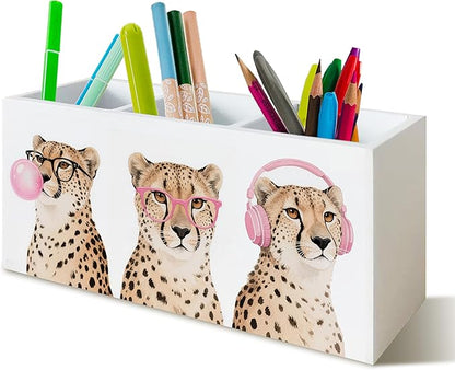 Trendy Funny Leopard Pen Pencil Holder Organizer for Desk, Cheetah Room Decor, Preppy Girly Y2k Aesthetic Cheetah Wooden Box Block Sign for Home Office Tabletop Decor