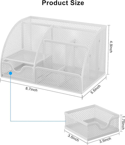 EasyPAG Mesh Desk Organizer with Drawer Multi-Functional Pen Holder Stationery Organizer for Office School Supplies 6 Compartments Dorm Organizers and Storage for Desk, White