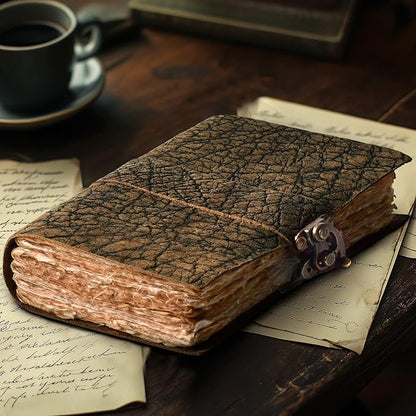 LEATHER VILLAGE Handmade Vintage Journal for Men & Women - Lock Closure - Watercolor Deckle Edge Cotton Paper for Drawing, Writing & Sketching- 200 Pages- Distressed Brown- 13x8 (A4) inches