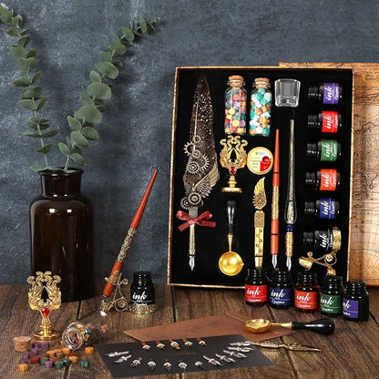 Quill Pen and Ink Set - Mechanical Punk Feather pen - Wooden Dip Pen - Glass Drawing Pen - Multi Ink Calligraphy Pen Set - Basic Wax Seal Stamp Kit- 17 Calligraphy Nibs（Grey）