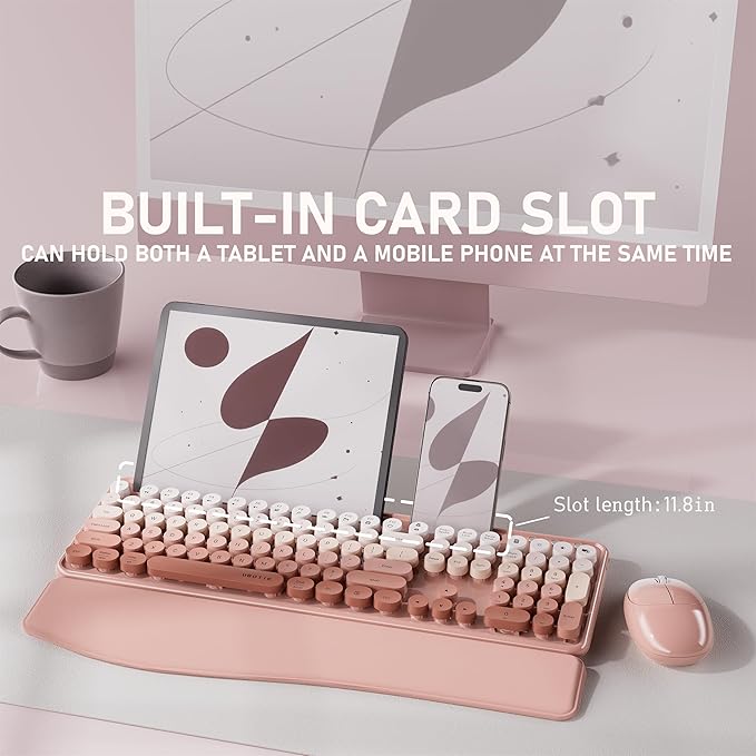 UBOTIE Wireless Keyboard and Mouse Combo with Phone Holder and Wrist Rest, Round Colorful Keys, Power Switches, 2.4GHz USB Receiver, Full-Size QWERTY Layout for PC Laptop（Peach