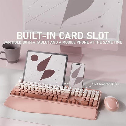 UBOTIE Wireless Keyboard and Mouse Combo with Phone Holder and Wrist Rest, Round Colorful Keys, Power Switches, 2.4GHz USB Receiver, Full-Size QWERTY Layout for PC Laptop（Peach