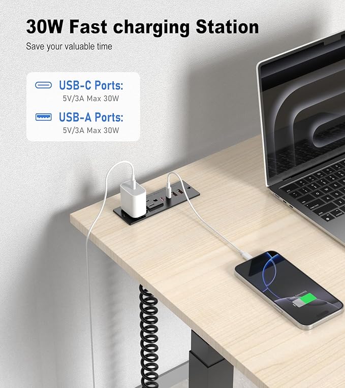 30W Drawer Outlet, Furniture Recessed Power Strip with 4 USB Ports & 2 AC Outlets, Recessed Outlet for Conference Rooms, Office Tables, Furniture, 5FT Spring Cord (ETL Listed)