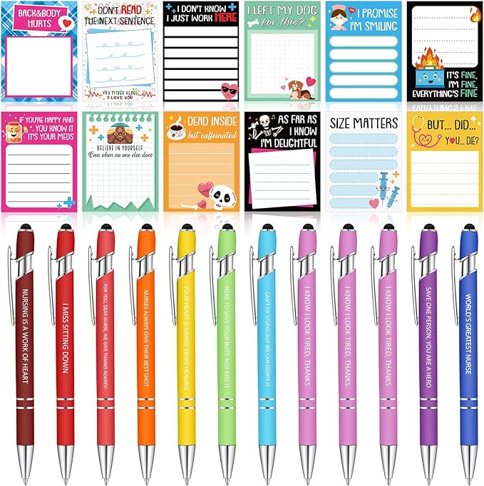 Geyee 24 Pcs Fun Nurse Sticky Notes with Funny Pens Fun Notepads for Adults Coworkers Nurse 3 x 4 Inch to Do List Notepads with Sayings Pen for Lab Week Gifts Teacher Office Supplies