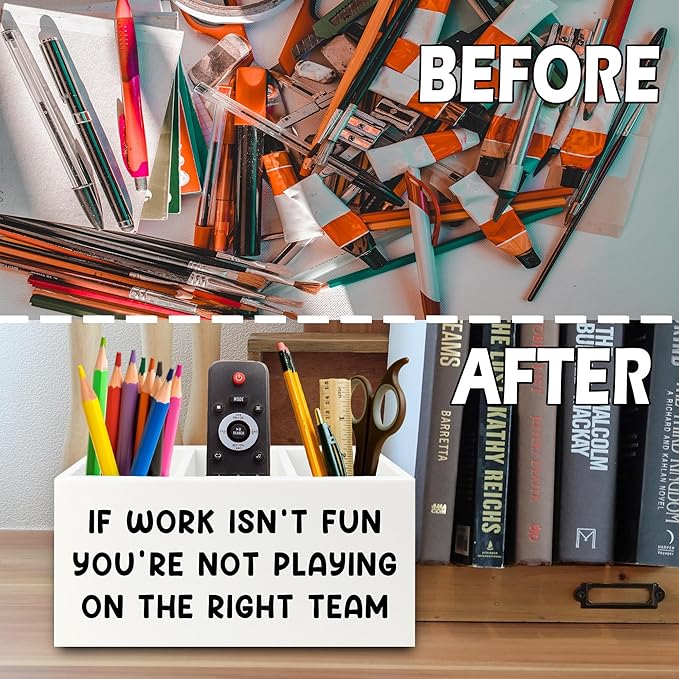 Inspirational Pen Pencil Holder Organizer for Desk, Inspirational Gifts for Women, Teamwork Team Gifts for Employees Coworkers Wooden Box Sign for Home Office Desk Tabletop Decorations