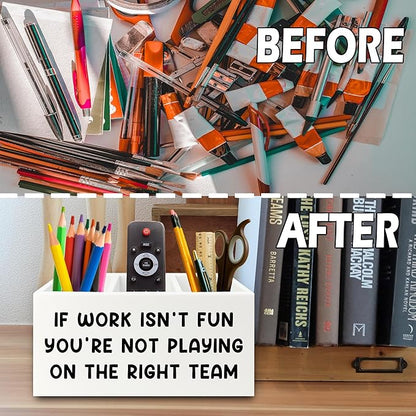Inspirational Pen Pencil Holder Organizer for Desk, Inspirational Gifts for Women, Teamwork Team Gifts for Employees Coworkers Wooden Box Sign for Home Office Desk Tabletop Decorations