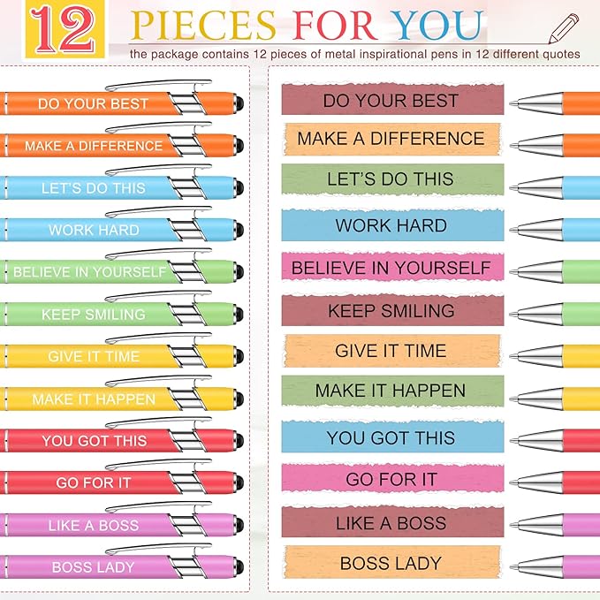 Zonon 12 Pcs Inspirational Pens Bulk Funny Ballpoint Pen with Stylus Tip Motivational Gifts for Christmas Teacher Coworkers Nurse School Office Supplies(Macaron,Boss Lady)
