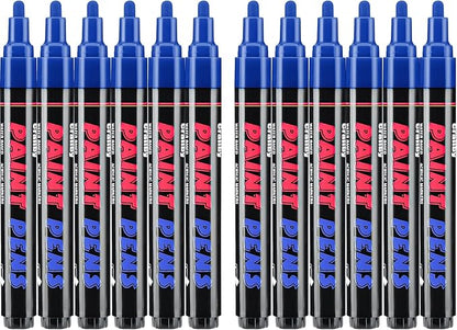 Blue Paint Pens Paint Markers - 12 Pack Permanent Quick Dry Waterproof Marker Pens for Rocks Wood Fabric Plastic Canvas Glass Mugs Metal Tire Stone