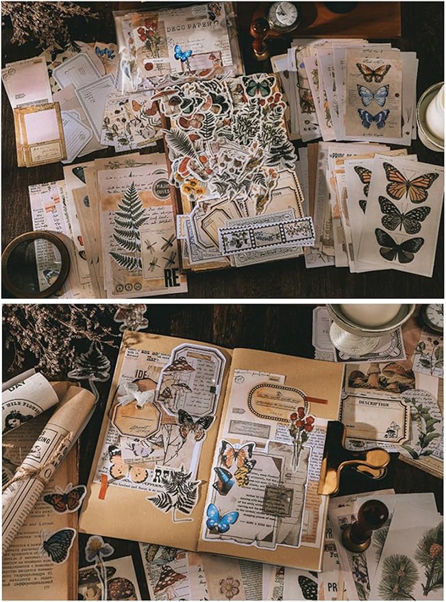 200PCS Vintage Scrapbooking Supplies Kit for Journaling, Scrapbook Sticker Paper Pack for for Bullet Journals Junk Journal Planners Aesthetic Cottagecore Room Decor Wall Art Collage Album (Nature)