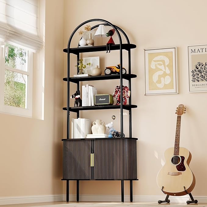 71" Tall Fluted Arched Bookshelf with Sliding Tambour Doors, Mid Century Modern Metal Curved Bookshelf Cabinet with Storage, 4-Tier Open Display Storage Shelf for Home Office, Living Room (Black