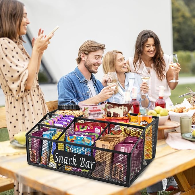 Snack Organizer for Pantry Shelf, Metal Snack Organizer Snack Basket, 6 Compartment Snack Bin Holder Chip Organizer, Snack Bar Station Organizer, Kitchen Pantry Organizer and Storage (Black)