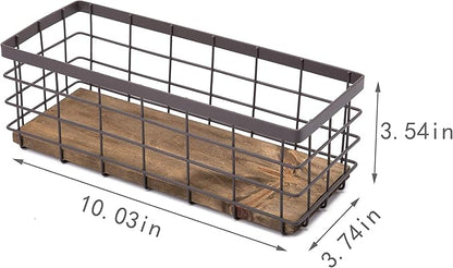 TIEYIPIN Small Metal Wire Storage Basket, Detachable Wood Base Storage Organizer Bin Basket for Kitchen Cabinets, Bathroom, Pantry, Garage, Laundry Room - Brown (2 Pack)