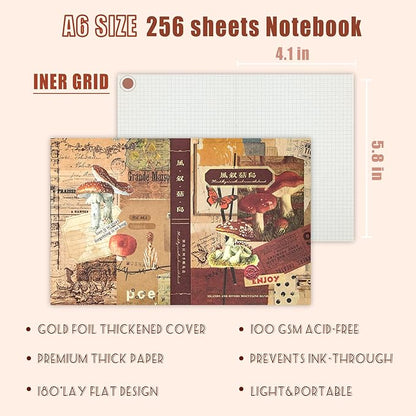 Aromoty Scrapbooking Supplies Kit, Aesthetic Vintage Scrapbook Kit for Bullet Junk Journal A6 Grid Notebook Stationary Journaling Supplies Mushroom DIY Craft Birthday Gifts for Women Kid Teen Girl