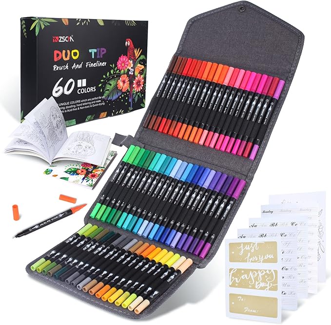 ZSCM 60 Colors Markers for Adult Coloring Books No Bleeding - Duo Tip Brush Pen, Artist Fine & Brush Coloring Markers for Adult Calligraphy, Drawing, Sketching & Journaling