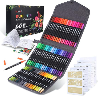 ZSCM 60 Colors Markers for Adult Coloring Books No Bleeding - Duo Tip Brush Pen, Artist Fine & Brush Coloring Markers for Adult Calligraphy, Drawing, Sketching & Journaling