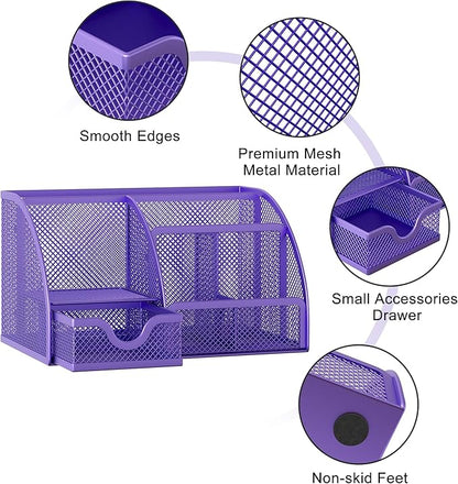 EasyPAG Mesh Desk Organizer with Drawer Multi-functional Pen Holder Stationery Organizer for Office School Supplies 6 Compartments Dorm Organizers and Storage for Desk, Purple