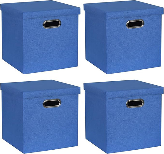 Storage Bins with Lids, Collapsible Linen Fabric Boxes Organizer Containers with Lid Foldable Storage Box Basket for Closet, Shelves, Home, Office, 12 x 12 x 12.4 Inch, 4 Pack, Dark Blue