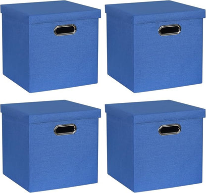 Storage Bins with Lids, Collapsible Linen Fabric Boxes Organizer Containers with Lid Foldable Storage Box Basket for Closet, Shelves, Home, Office, 11 x 11 x 11.4 Inch, 4 Pack, Dark Blue