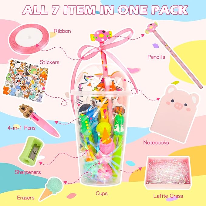 LiYiQ 247 Pcs Return Gifts for Birthday, Student Birthdays Gifts from Teacher, Stationery Set for Classroom Gifts, Pencil Erasers Notesbook Stickers for Classroom Birthday Goodie Bags Rewards Prizes