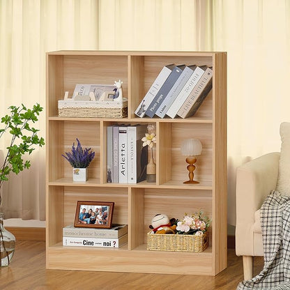 LEYAOYAO 7 Cube Bookshelf with Base,3 Tier Mid-Century Modern Natural Bookcase,Standing Wide Bookshelves Storage Organizer Shelf,Rustic Wood Display Cabinet Book Shelves for Bedroom,Living Room,Office