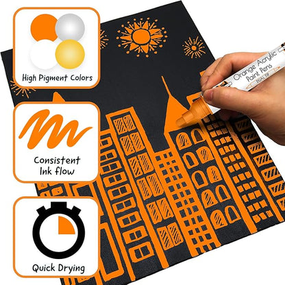 4 Dual Tip Orange Paint Pen Metallic - Fine Tip & Medium Acrylic Paint Markers - Orange Marker for Metal, Wood, Rock Painting, Canvas, Ceramic, Glass, Fabric, Leaf and Plastic - Water-based Ink