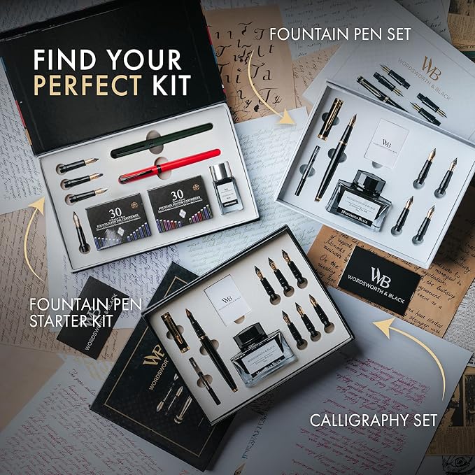 Wordsworth and Black Fountain Pen Set - Green - Includes 2 Pens, 18 ML Ink Bottle, 60 Ink Cartridges, A Refill Converter, 1 Medium and 4 Broad Nibs, Brush Pen - Fountain Pen Kit for Beginners