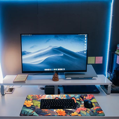 Desk Mat, Black Cat Among Flowers Desk Pad, Cute Cat Large Gaming Mouse Pad, 31.5"x15.7" Extended Big Computer Keyboard Mouse Pad with Non-Slip Base and Stitched Edge