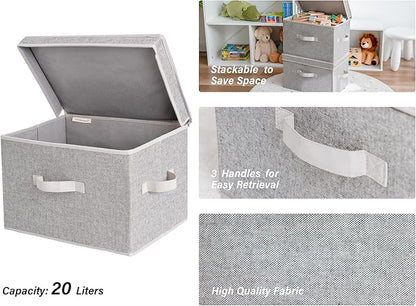 StorageWorks Fabric Storage Bins with Lid, Decorative Storage Boxes for Shelves, Stackable Closet Organizer Basket with Handles, Large, Gray, 2-Pack