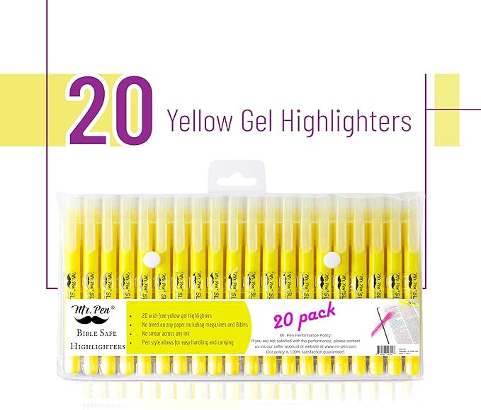 Mr. Pen- Gel Highlighters, 20 Pack, Fluorescent Yellow, Bulk Bible Highlighters for Bibles That Do Not Bleed