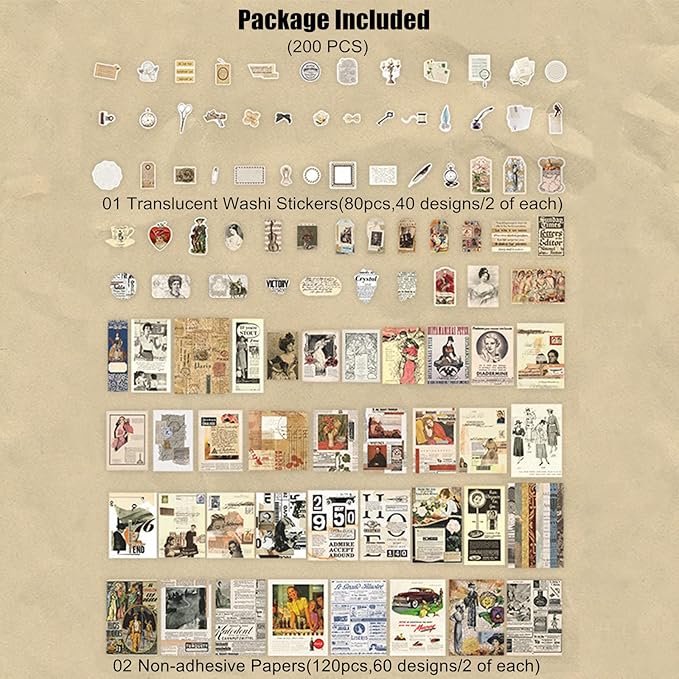 200 Pieces Vintage Ephemera Scrapbooking Supplies Pack for Journaling, Decoupage Paper Scrapbook Stickers Kit for Bullet Junk Journal Planners Collage Craft Notebooks Album (Retro)