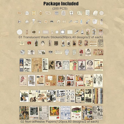 200 Pieces Vintage Ephemera Scrapbooking Supplies Pack for Journaling, Decoupage Paper Scrapbook Stickers Kit for Bullet Junk Journal Planners Collage Craft Notebooks Album (Retro)