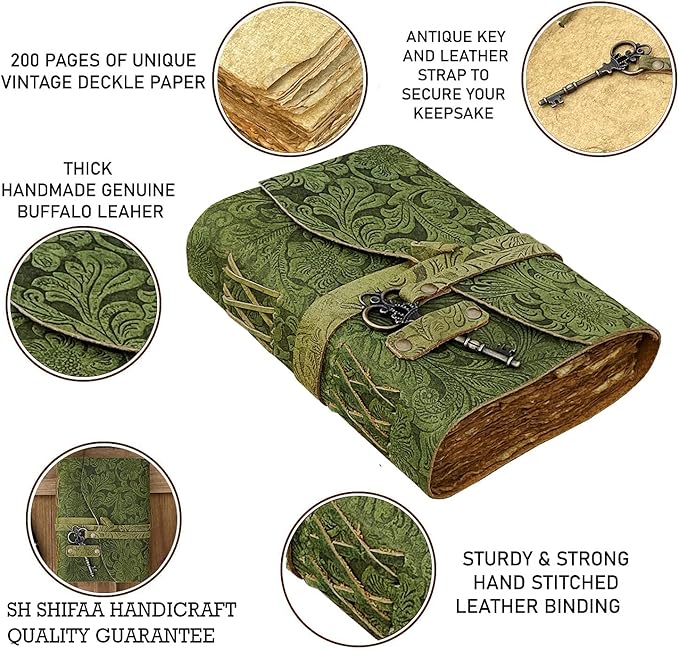 SH SHIFAA HANDICRAFT Leather Journal - Antique Handmade Deckle Edge Vintage Paper Leather Bound Journal - Book of Shadows Journal - Leather Sketchbook - Drawing Journal - Great Gift (Green) (7x5)