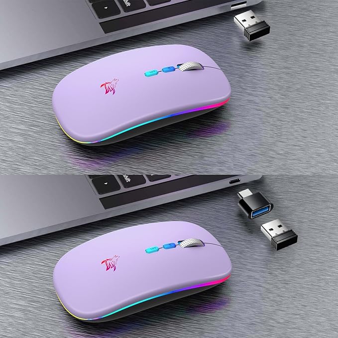 HOTLIFE Wireless Bluetooth Mouse, Slim Rechargeable LED Mouse, 2.4G Portable USB Optical Mouse with USB Receiver and Type C Adapter, Light Purple