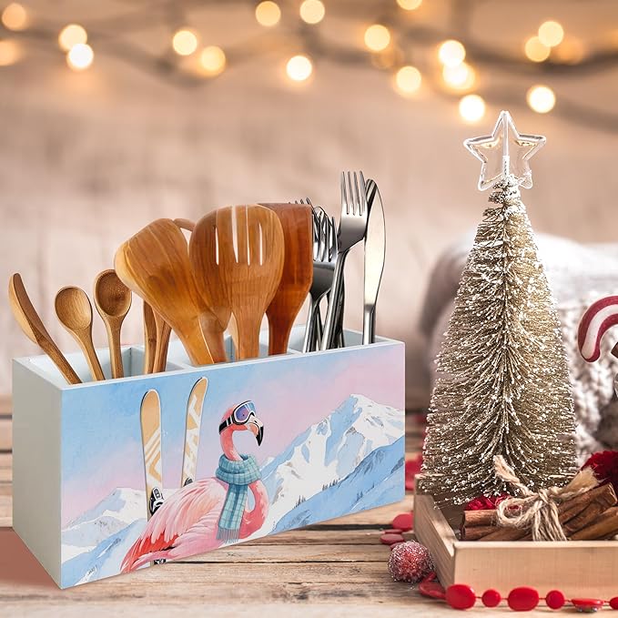 Winter Skiing Flamingo Pen Pencil Holder Organizer for Desk, Pink Flamingo Gifts, Pink Tropical Bird Snowy Mountain Wood Cooking Kitchen Utensils Utensil Organizer Holder Decor