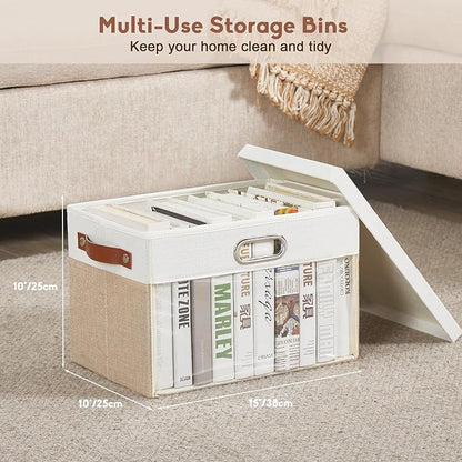 Fabric Clear Window Storage Bins with Lid, Closet Storage Box Linen Closet Baskets with 3 Handles for Organizing Clothing, Jeans, Shelves 15''- 3 Pack (Beige and White)