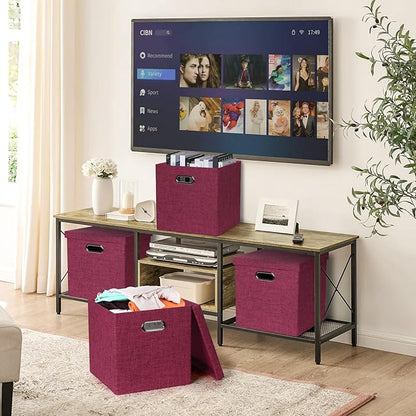 Storage Bins with Lids, Collapsible Linen Fabric Boxes Organizer Containers with Lid Foldable Storage Box Basket for Closet, Shelves, Home, Office, 11 x 11 x 11.4 Inch, 4 Pack, Red