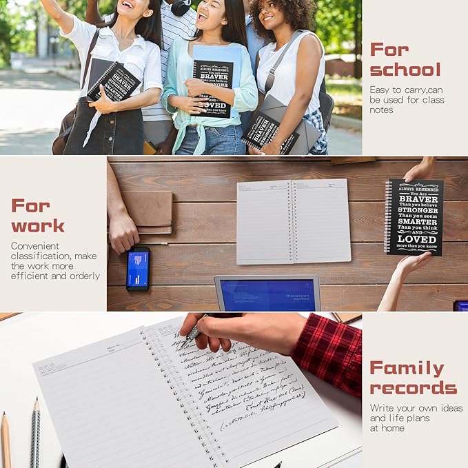 4Pcs A5 Spiral Notebook,Inspirational Journal,Motivational Journal for Women Men,100 Pages Lined Spiral Journal Notebook College Ruled Daily Diary for School,Travel,Business,Work (4Pcs Always-Black)