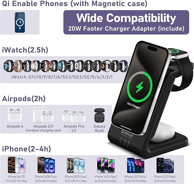 3 in 1 Wireless Charging Station: 10000mAh Removable Power Bank Charger Stand for Phone/Watch/Air Pods - Portable Magnetic Battery Pack for Air 17 16 15 14 13 12 Series