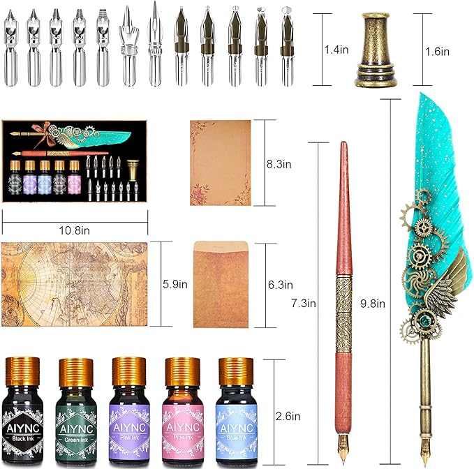 Feather Calligraphy Pen Ink Set, Mechanical Feather Pen and Wooden Dip Pen, 5 Colors of Ink, 12 Replacement Nibs, Pen Holder, Envelope and Letter Paper (Green)