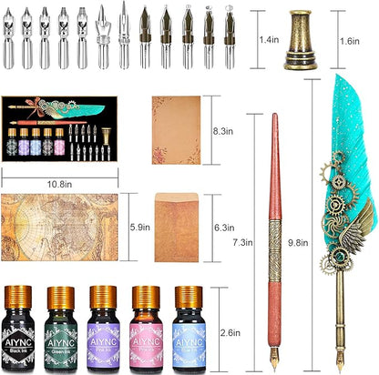 Feather Calligraphy Pen Ink Set, Mechanical Feather Pen and Wooden Dip Pen, 5 Colors of Ink, 12 Replacement Nibs, Pen Holder, Envelope and Letter Paper (Green)