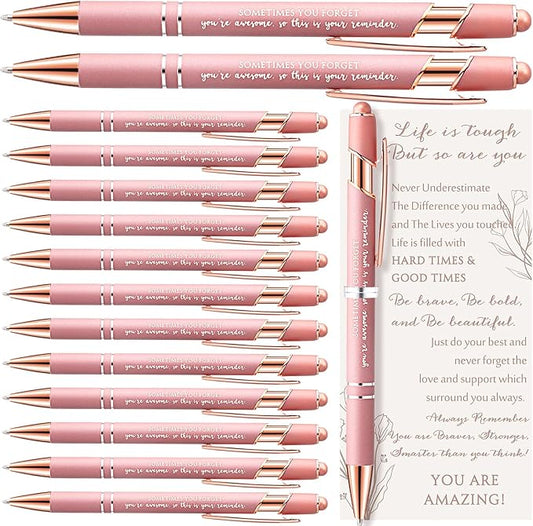 Supervitae 50 Sets Inspirational Pens Bulk Pink Ballpoint Pens with Inspirational Cards and Ties Employee Appreciation Gifts for Women Coworker Staff Office Christmas Party Favors (Stylus)
