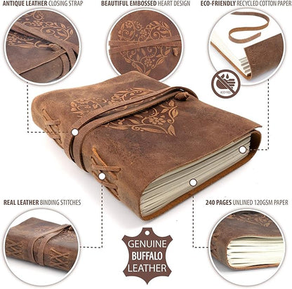 moonster Leather Journal for Women - Non Refillable Handmade Vintage Journal Leather Sketchbook for Daily Drawing & Writing - Travel Journal for Women - Heart Leather Notebook Unlined