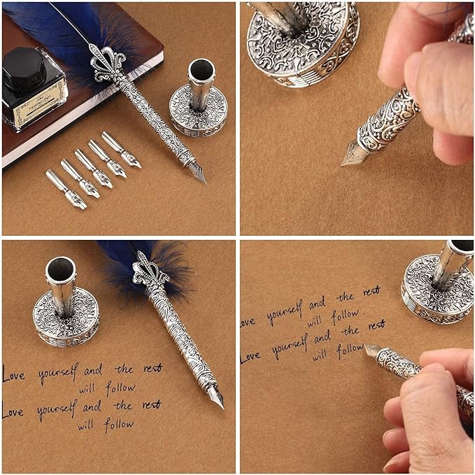 Quill Feather Pen and Ink Set,Calligraphy Set,Calligraphy Kits Include Antique Quill Feather Pen,6 Nibs,1 Bottles Inks,Pen Holder for Beginners Birthday Gift（Purple）