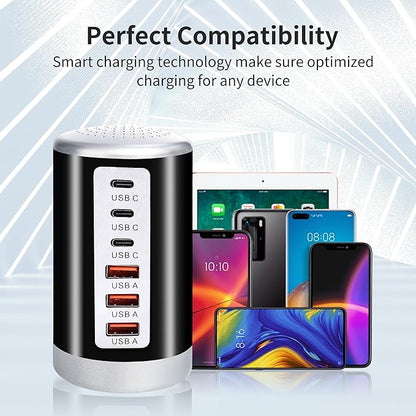 60W USB Charging Station, 6-Port (3 USB-A & 3 USB-C) Compatible with iPhone 15/14/13/12/11, Tablets, Smartphones Black