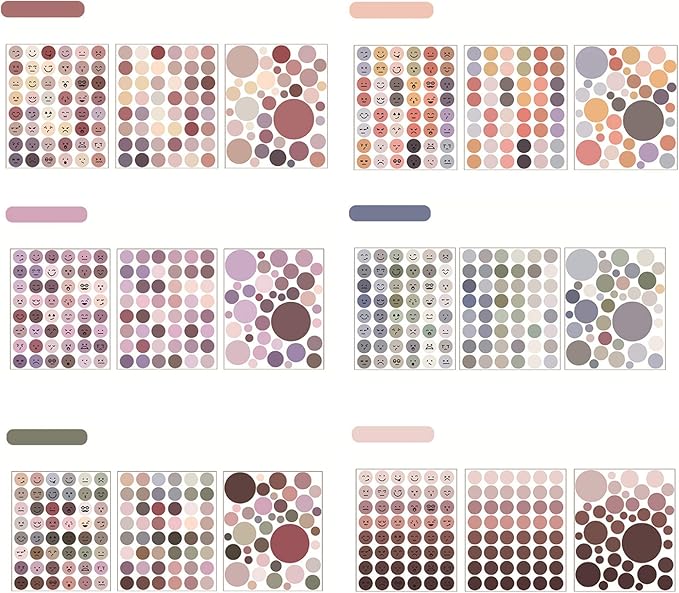 Lovely Face Circle Stickers -6 Pack (18 Sheet) Colorful Circles Stickers Pack - Translucent Color Coding Dots Labels - Assorted Color Code Sticker, for Customizing Planners to Do List Calendar