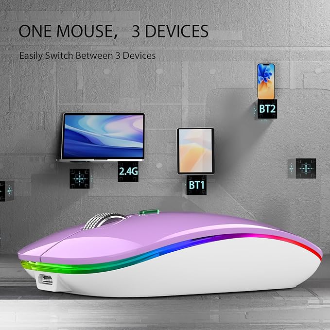 TENMOS Wireless Bluetooth Mouse, LED Slim (Bluetooth 5.1 + USB) 2.4GHz Rechargeable Silent Bluetooth Wireless Mouse with Type C Adapter for Laptop/MacBook/iPad OS 13 and Above (Purple)