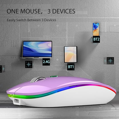 TENMOS Wireless Bluetooth Mouse, LED Slim (Bluetooth 5.1 + USB) 2.4GHz Rechargeable Silent Bluetooth Wireless Mouse with Type C Adapter for Laptop/MacBook/iPad OS 13 and Above (Purple)