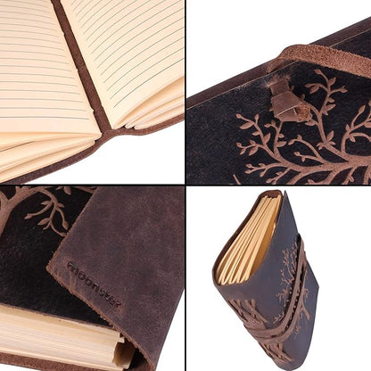 moonster Leather Journal Lined Notebook - Embossed Tree of Life, 8 x 6 Inches Diary, Leather bound Journal for Women - 400 Pages College Ruled Paper - Inspirational Gifts Leather Notebook